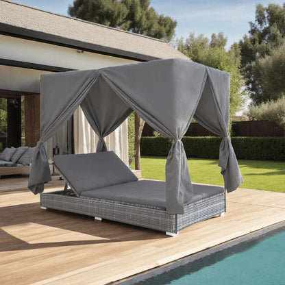 Outdoor Lounge Bed With Curtains Poly Rattan Grey