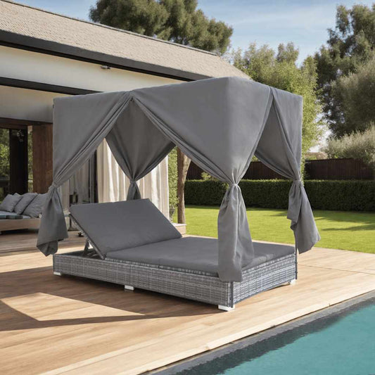 Outdoor Lounge Bed With Curtains Poly Rattan Grey