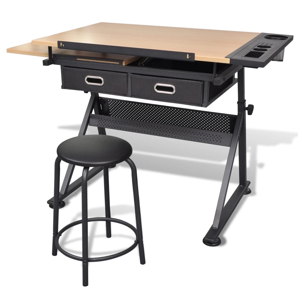Two Drawers Tiltable Tabletop Drawing Table With Stool