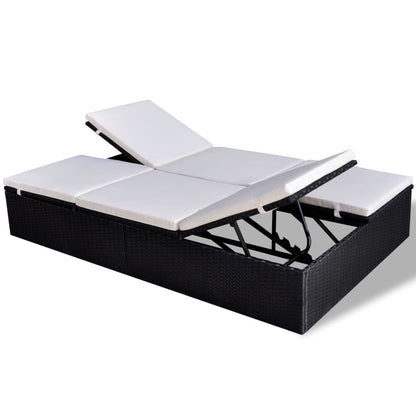 Double Sun Lounger With Cushion Poly Rattan Black