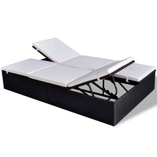 Double Sun Lounger With Cushion Poly Rattan Black