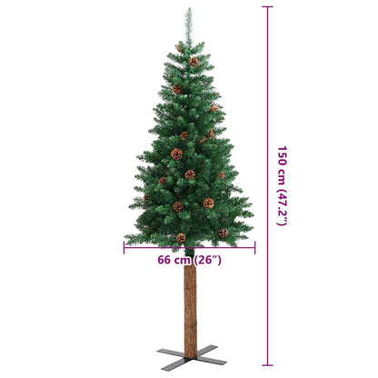Slim Christmas Tree With Real Wood And Cones Green 150 Cm Pvc