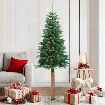 Slim Christmas Tree With Real Wood And Cones Green 150 Cm Pvc