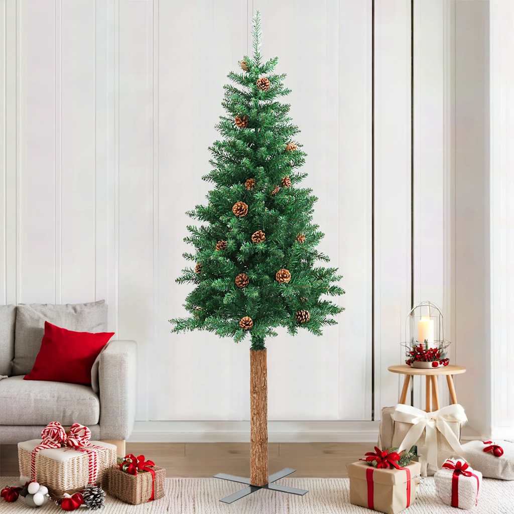Slim Christmas Tree With Real Wood And Cones Green 150 Cm Pvc