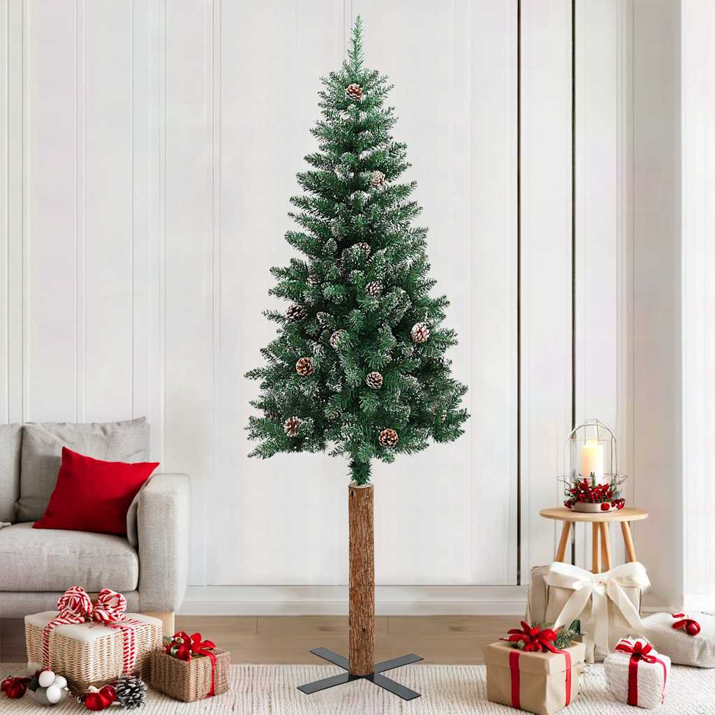 Slim Christmas Tree With Real Wood And Cones Green 150 Cm Pvc