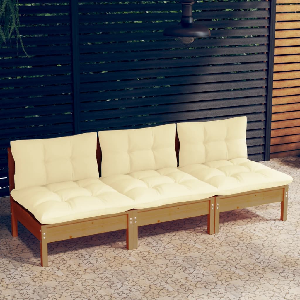 3-Seater Garden Sofa With Grey Cushions Solid Pinewood