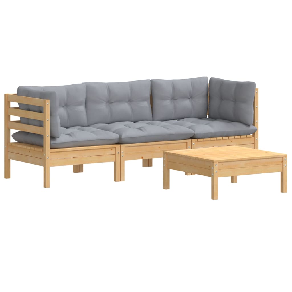 4 Piece Garden Lounge Set With Grey Cushions Pinewood