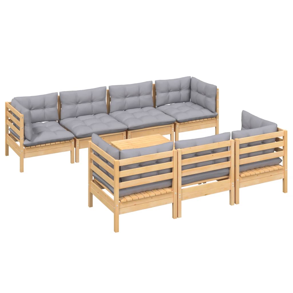 8 Piece Garden Lounge Set With Grey Cushions Solid Pinewood