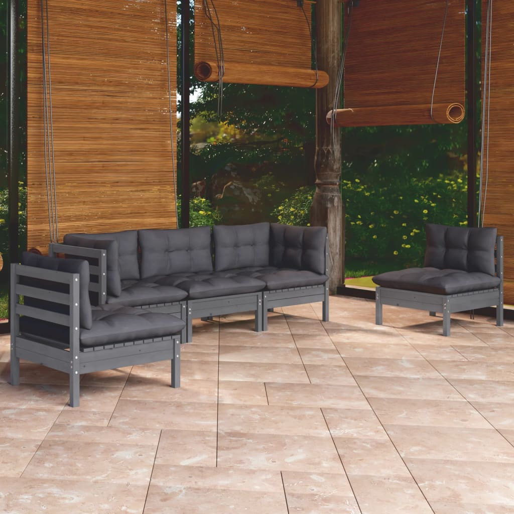 5 Piece Garden Lounge Set With Grey Cushions Solid Pinewood