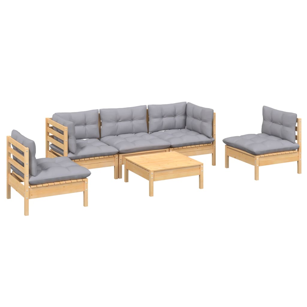 6 Piece Garden Lounge Set With Grey Cushions Solid Pinewood