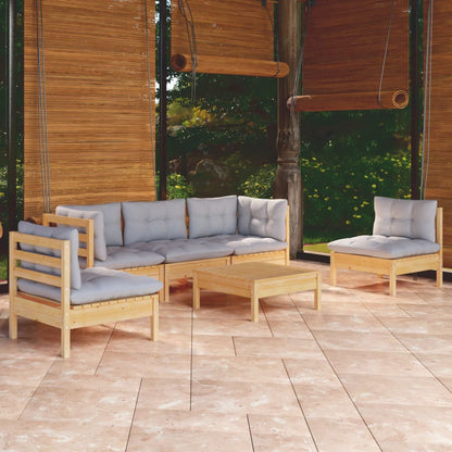 6 Piece Garden Lounge Set With Grey Cushions Solid Pinewood
