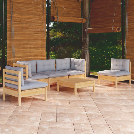 6 Piece Garden Lounge Set With Grey Cushions Solid Pinewood