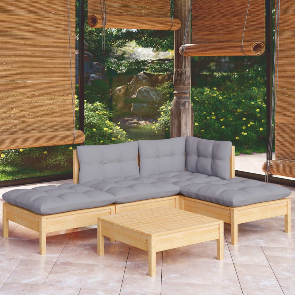 5 Piece Garden Lounge Set With Grey Cushions Pinewood