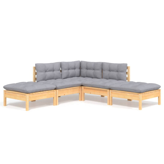 5 Piece Garden Lounge Set With Grey Cushions Pinewood