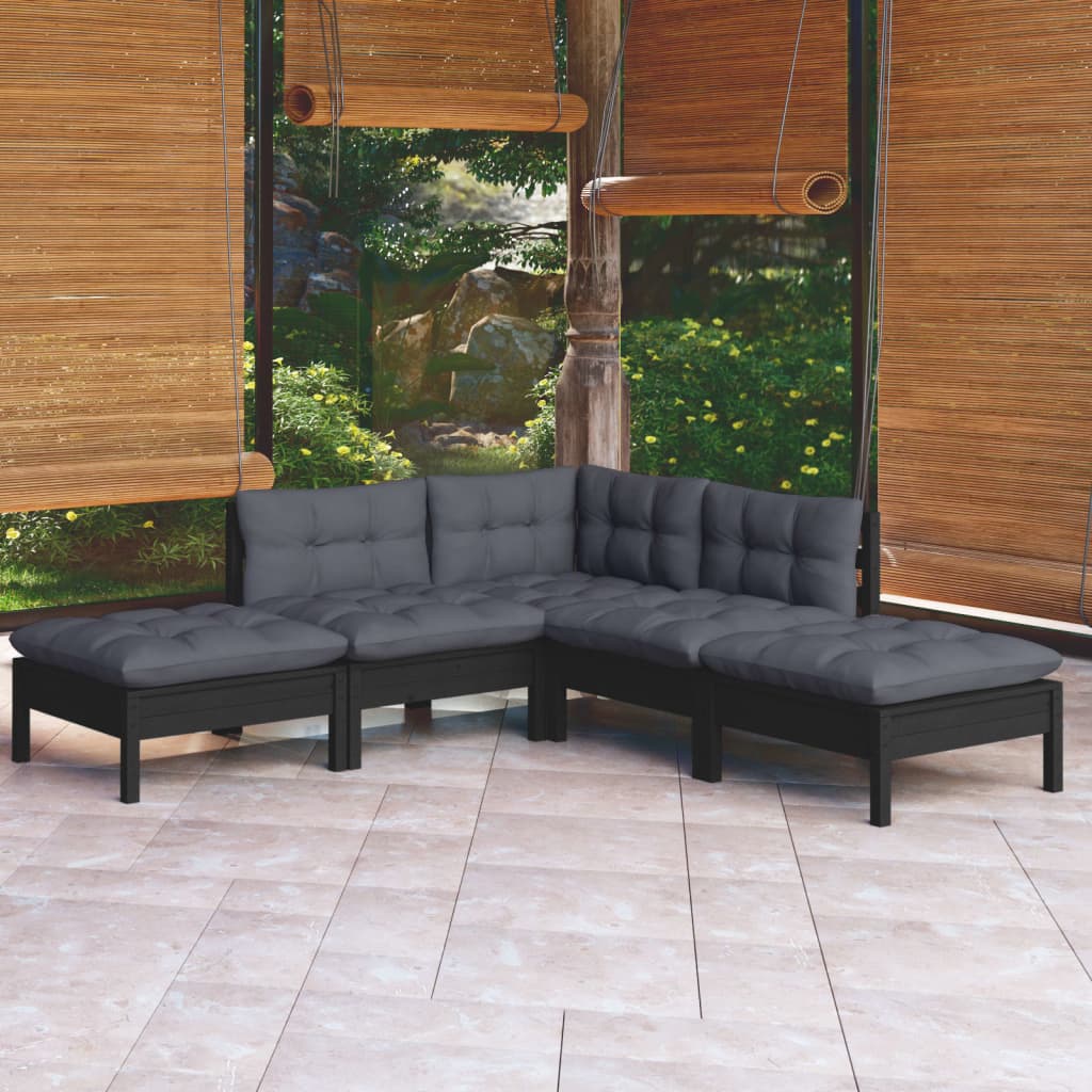 5 Piece Garden Lounge Set With Grey Cushions Pinewood