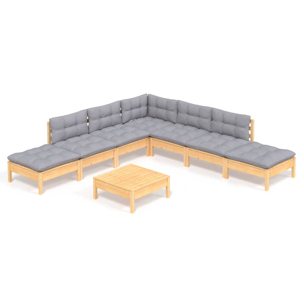 8 Piece Garden Lounge Set With Grey Cushions Pinewood