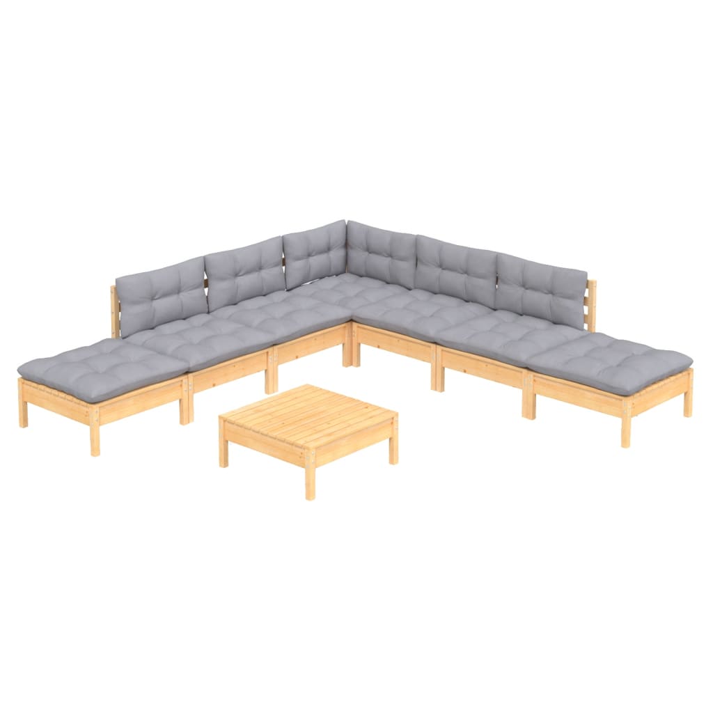 8 Piece Garden Lounge Set With Grey Cushions Pinewood