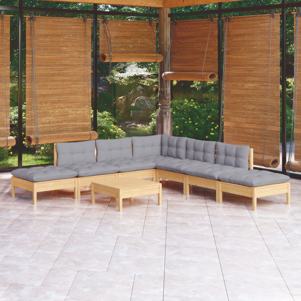 8 Piece Garden Lounge Set With Grey Cushions Pinewood