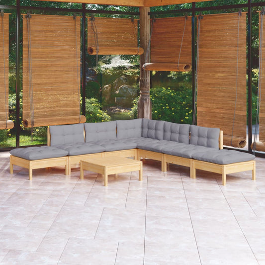 8 Piece Garden Lounge Set With Grey Cushions Pinewood