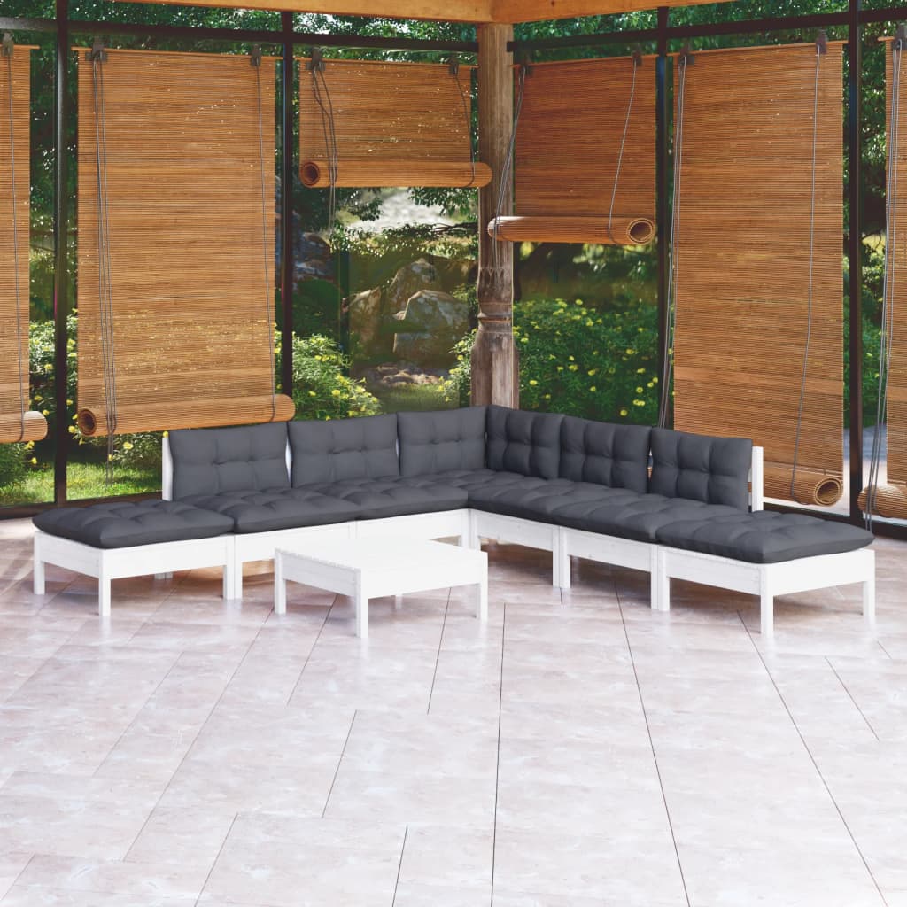 8 Piece Garden Lounge Set With Grey Cushions Pinewood