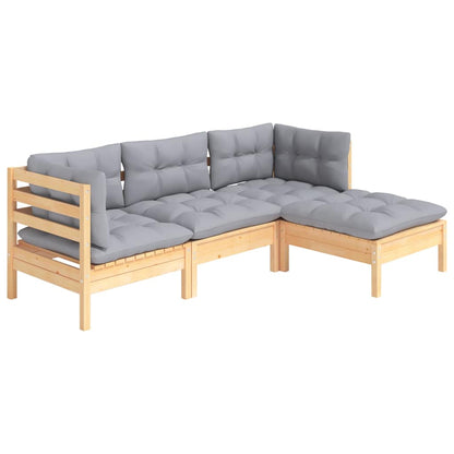4 Piece Garden Lounge Set With Grey Cushions Pinewood
