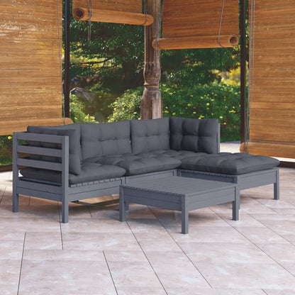5 Piece Garden Lounge Set With Grey Cushions Pinewood