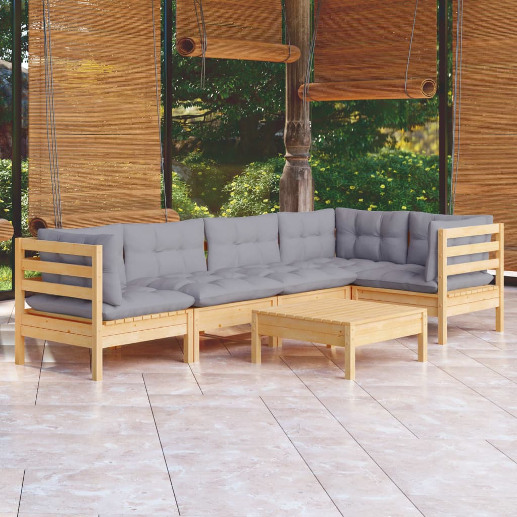 6 Piece Garden Lounge Set With Grey Cushions Pinewood