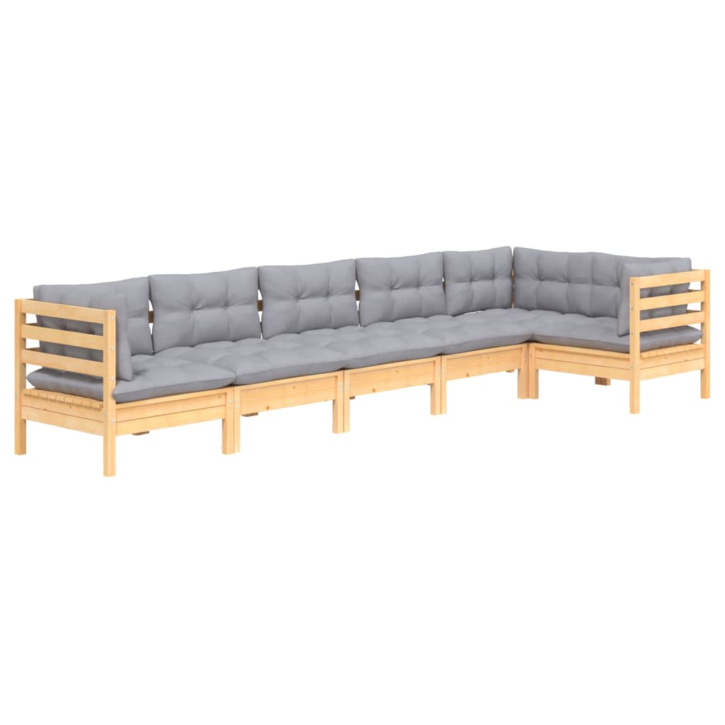 6 Piece Garden Lounge Set With Grey Cushions Pinewood