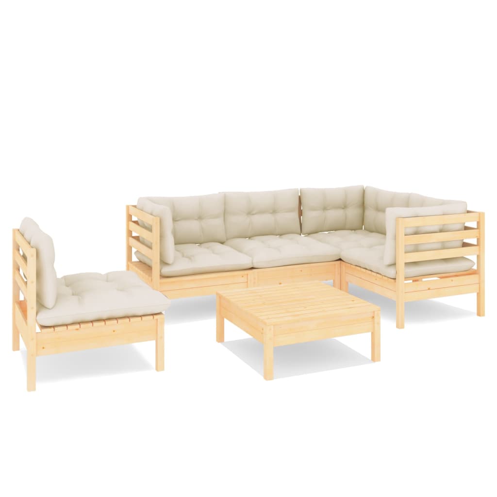 6 Piece Garden Lounge Set With Cream Cushions Pinewood