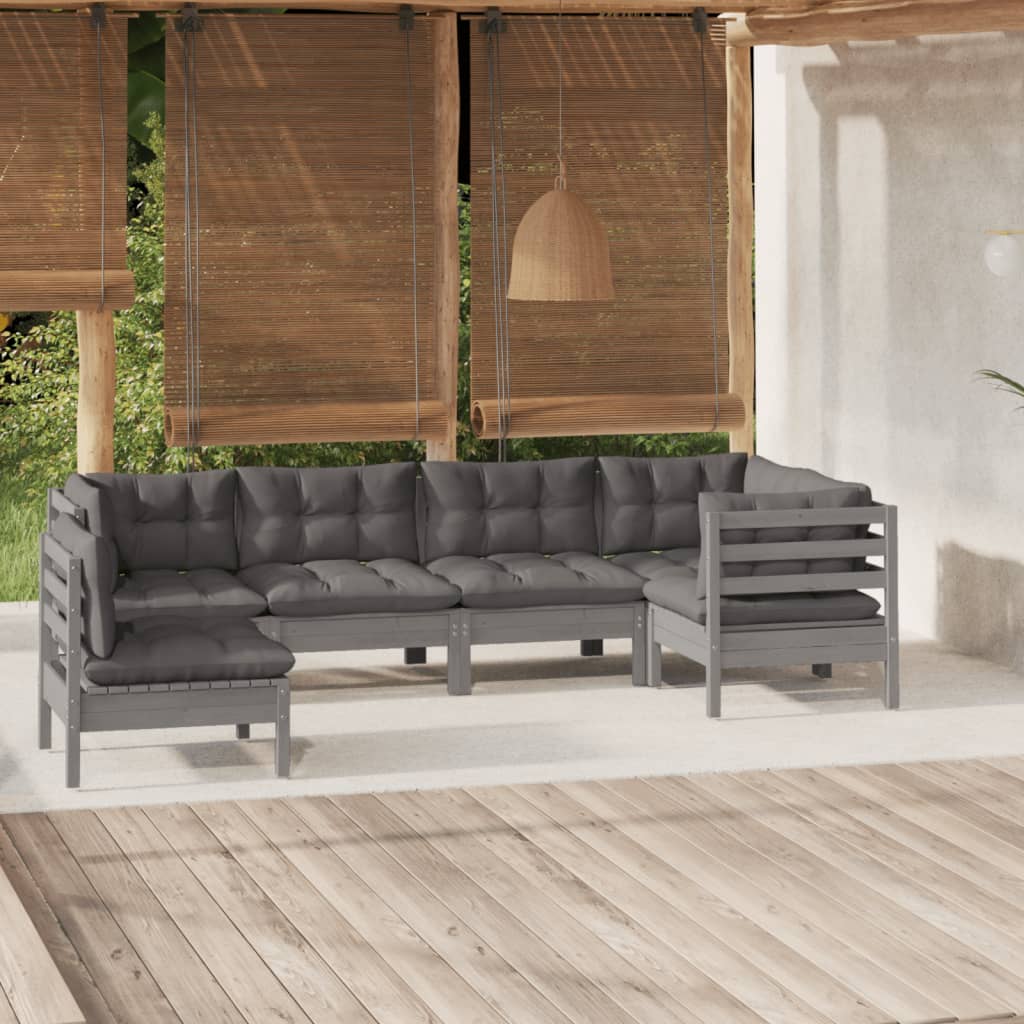 6 Piece Garden Lounge Set With Grey Cushions Pinewood