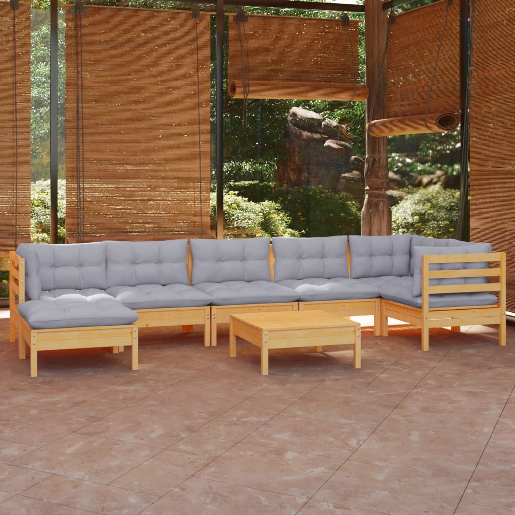 8 Piece Garden Lounge Set With Grey Cushions Solid Pinewood