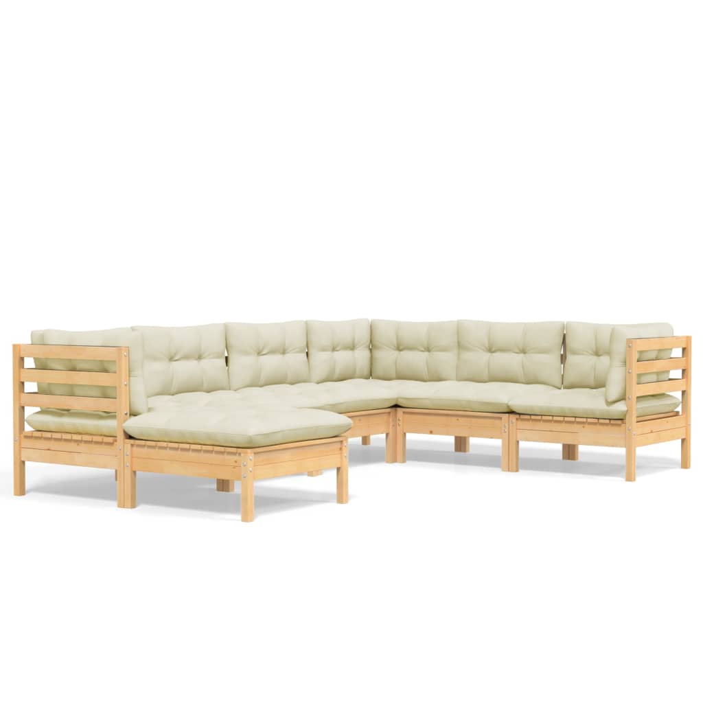 7 Piece Garden Lounge Set With Cream Cushions Solid Pinewood