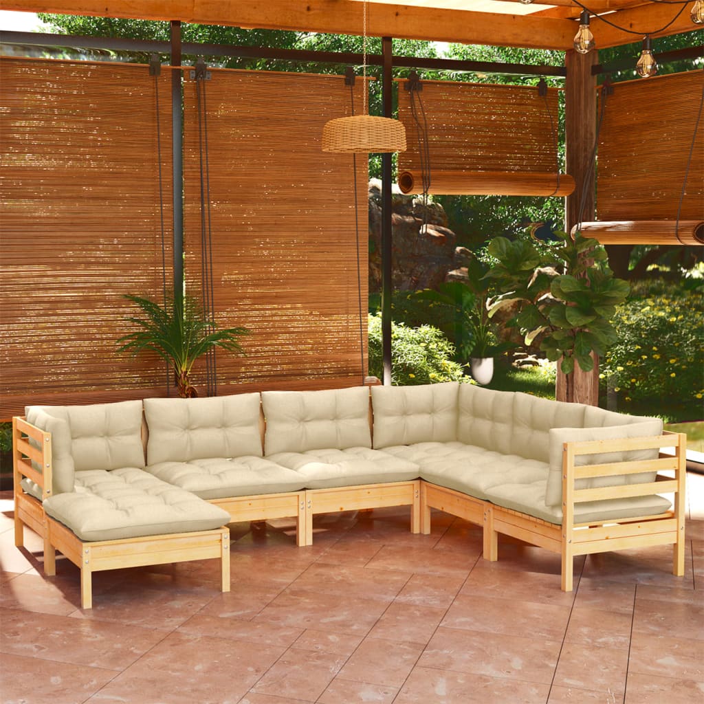 7 Piece Garden Lounge Set With Cream Cushions Solid Pinewood