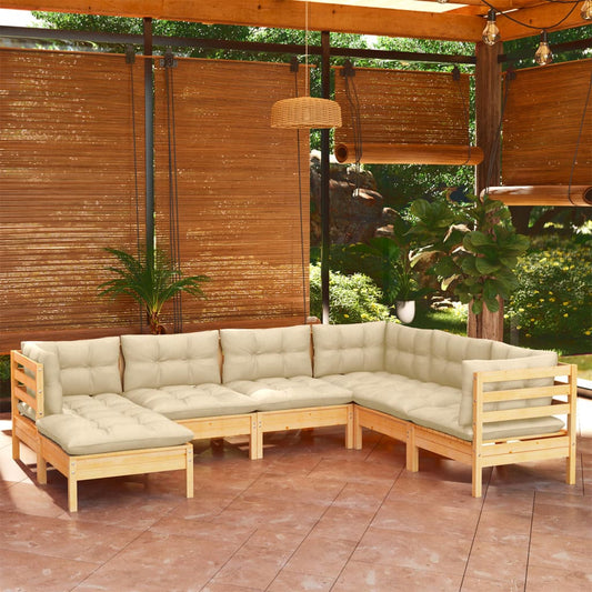 7 Piece Garden Lounge Set With Cream Cushions Solid Pinewood