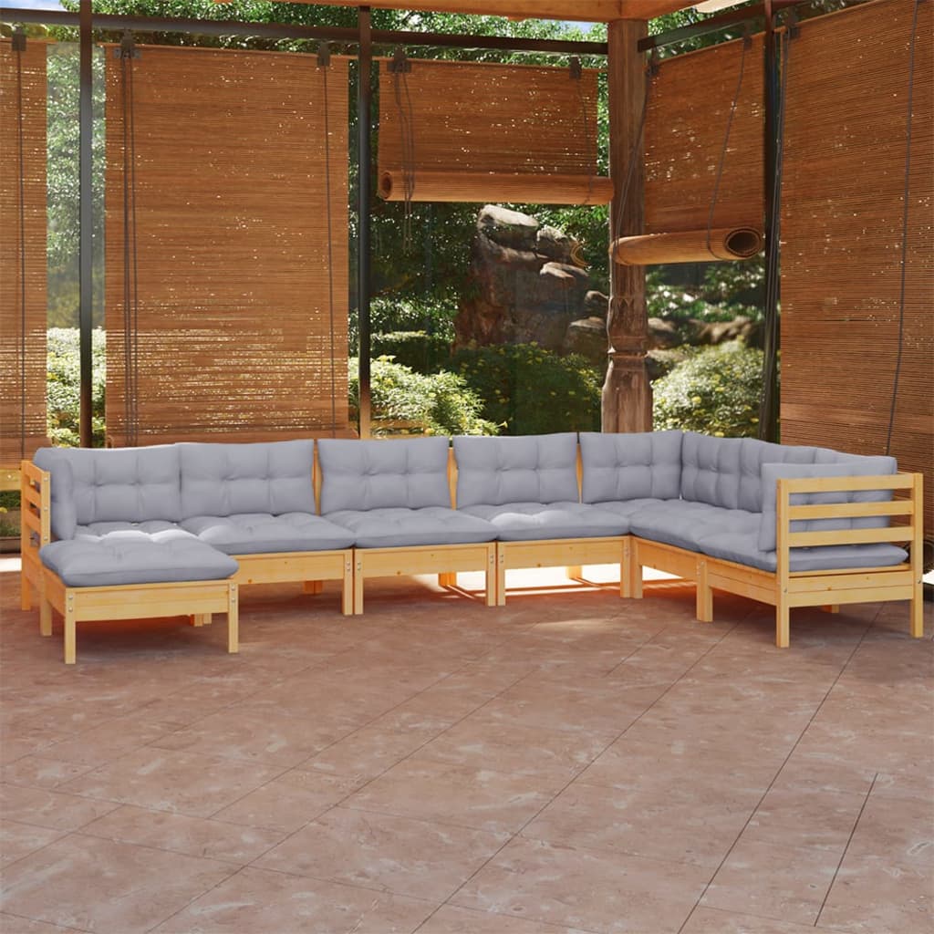 8 Piece Garden Lounge Set With Grey Cushions Solid Pinewood