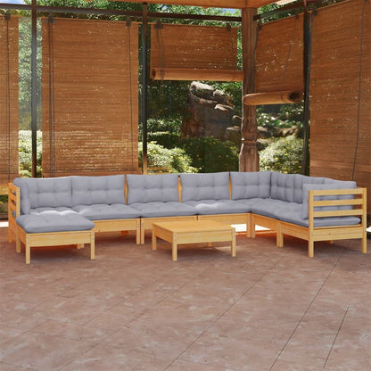9 Piece Garden Lounge Set With Grey Cushions Solid Pinewood