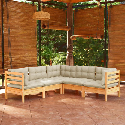5 Piece Garden Lounge Set With Grey Cushions Solid Pinewood