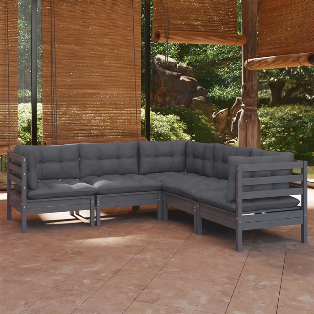 5 Piece Garden Lounge Set With Grey Cushions Solid Pinewood