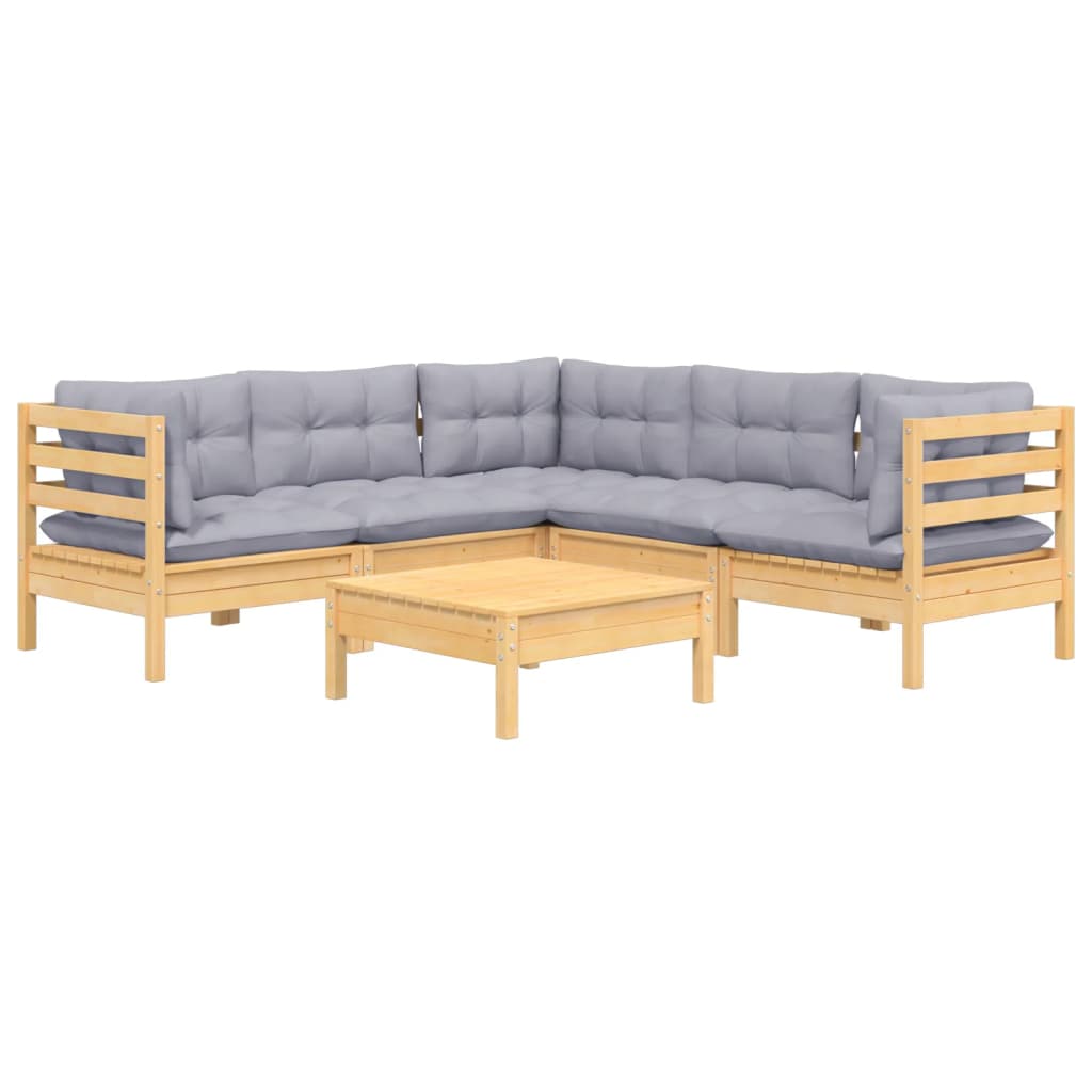 6 Piece Garden Lounge Set With Grey Cushions Solid Pinewood