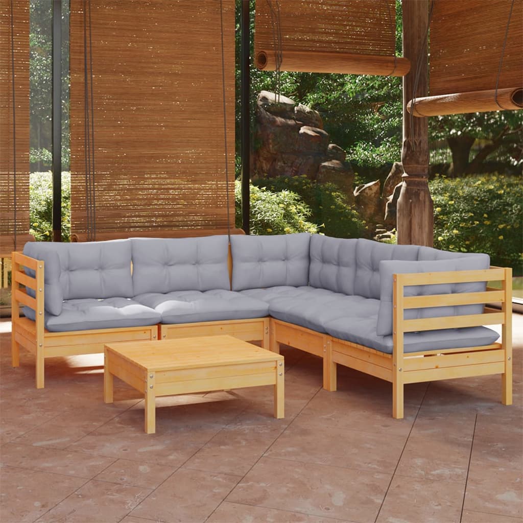 6 Piece Garden Lounge Set With Grey Cushions Solid Pinewood