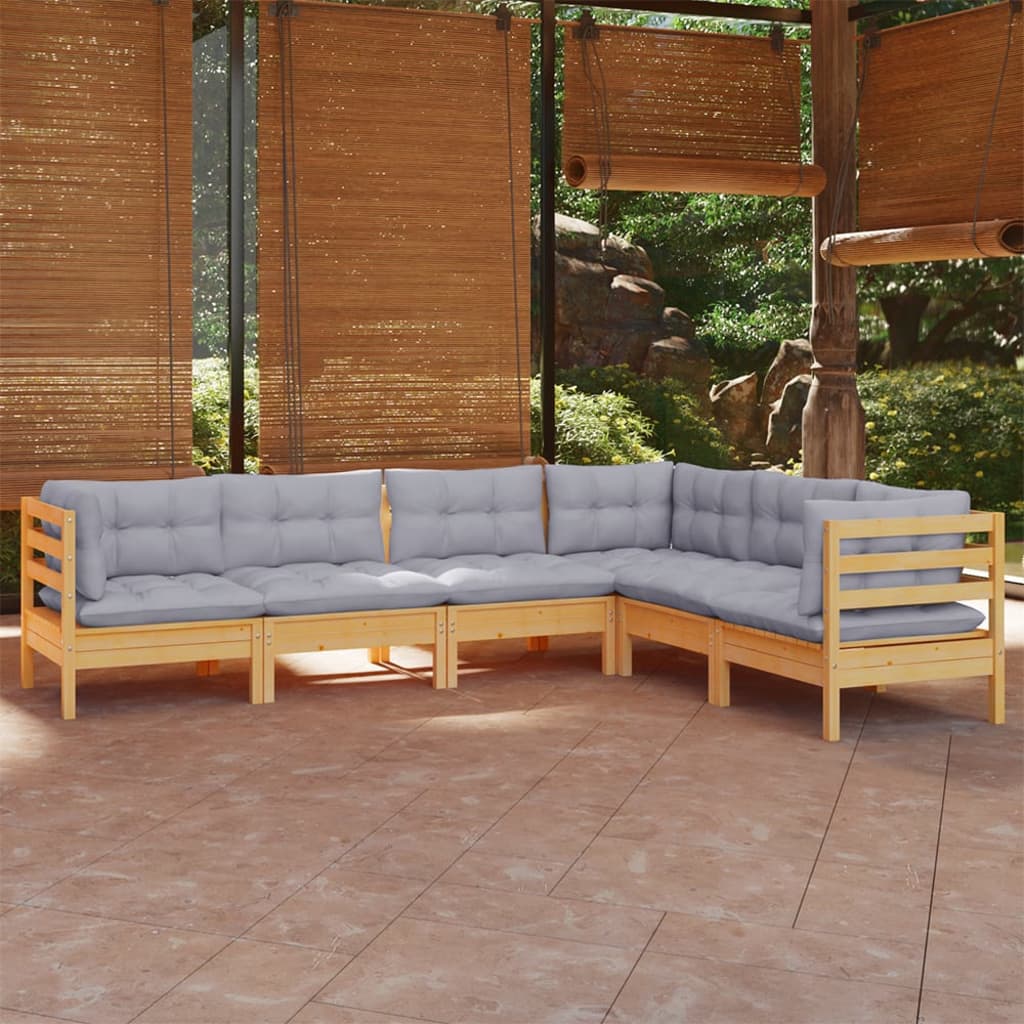 6 Piece Garden Lounge Set With Grey Cushions Solid Pinewood