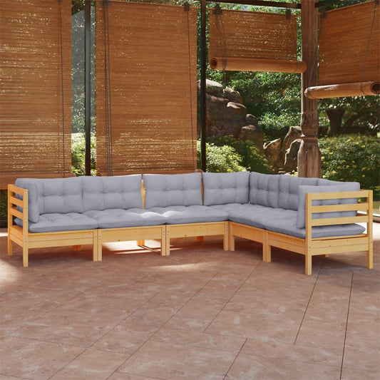 6 Piece Garden Lounge Set With Grey Cushions Solid Pinewood