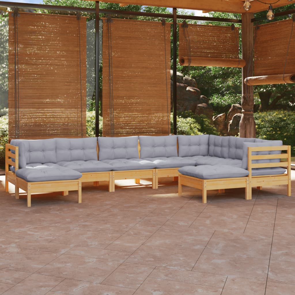 9 Piece Garden Lounge Set With Grey Cushions Solid Pinewood