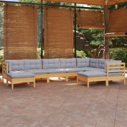 9 Piece Garden Lounge Set With Grey Cushions Solid Pinewood