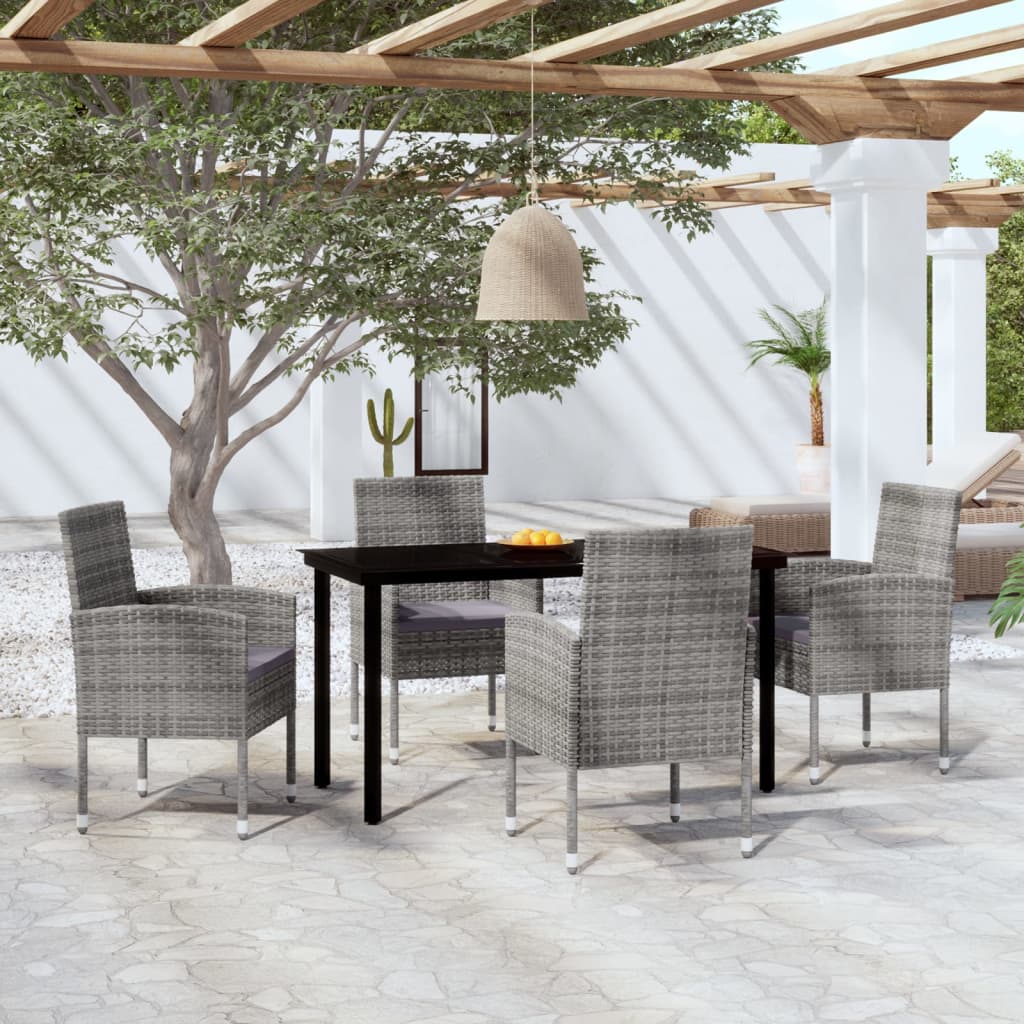 5 Piece Garden Dining Set With Cushions Black Poly Rattan