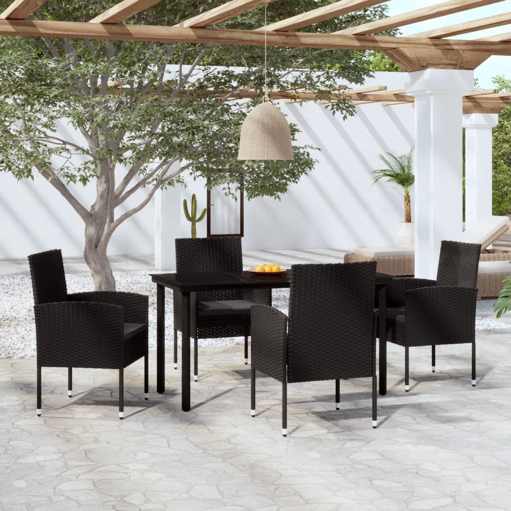 5 Piece Garden Dining Set With Cushions Black Poly Rattan