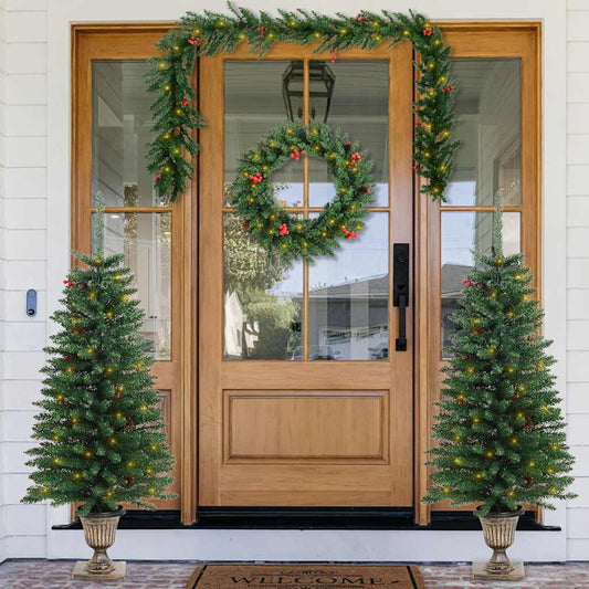 Artificial Christmas Trees 2 Pcs With Wreath, Garland And Leds