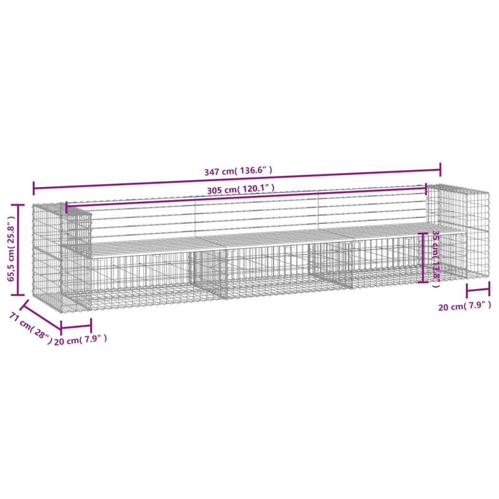 Garden Bench Gabion Design 347X71X65.5 Cm Solid Wood Pine