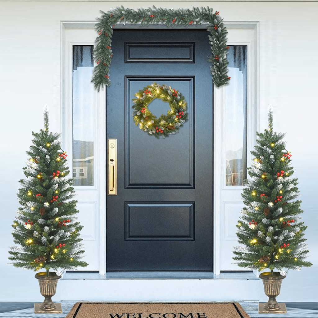 Artificial Christmas Trees 2 Pcs With Wreath, Garland And Leds