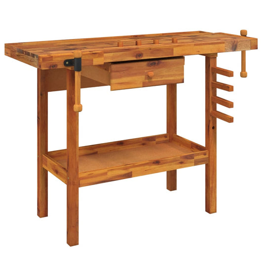 Workbench With Drawer And Vices 124X52X83 Cm Solid Wood Acacia